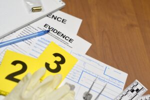 Evidence paperwork during a crime scene investigation, similar to the forensics of fundraising.