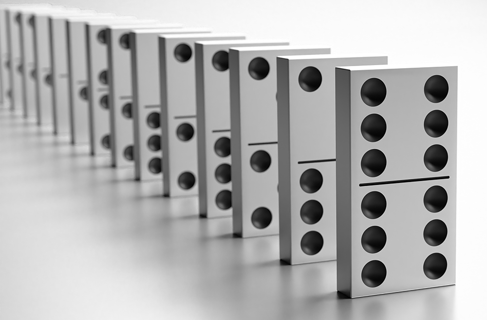 Domino tiles standing in a line on white background. Business strategy, balance, domino effect concept. 3d illustration